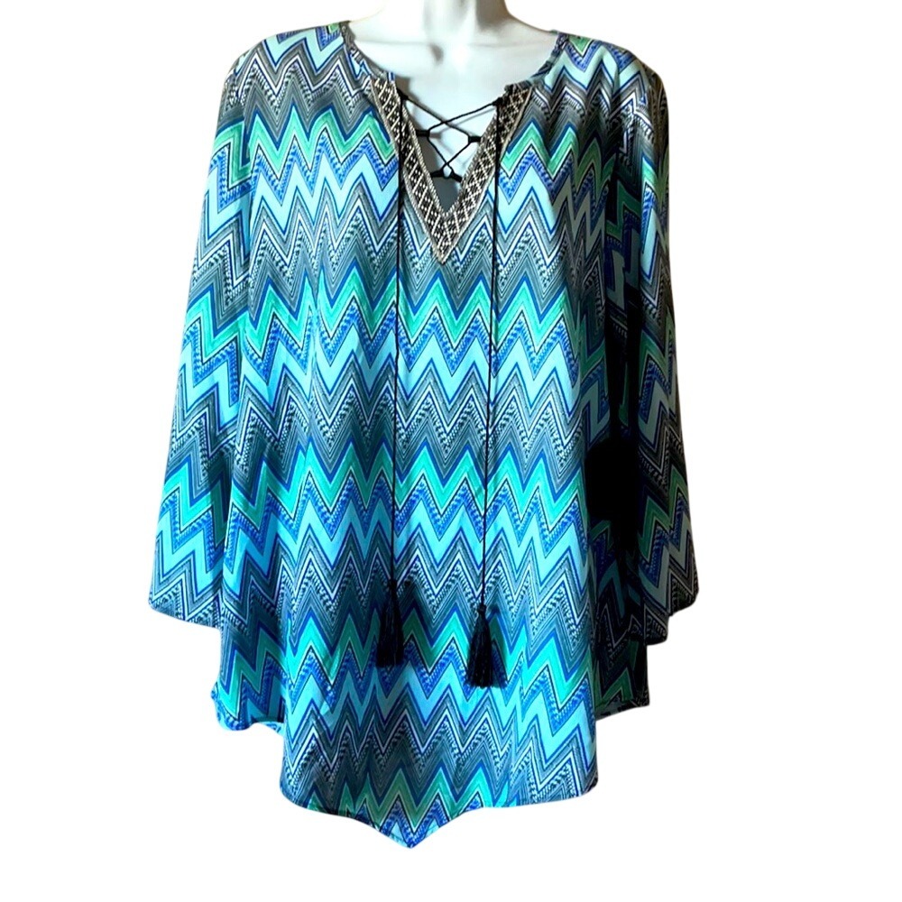 Westbound Womens Plus 1X Blue Green Chevron Lace‎ Up Tassel Tunic Top W162612